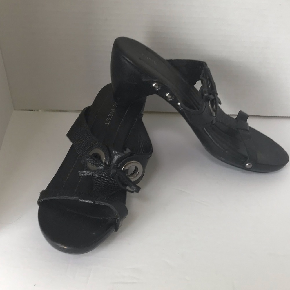 NINE WEST Y2K Leather Chunky Heel Wood Sandals Platform Slides Mules Kitten Heel